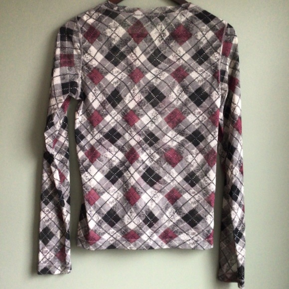 Ladies retro argyle sheer top in burgundy/grey/white black. Sz medium - Picture 5 of 9